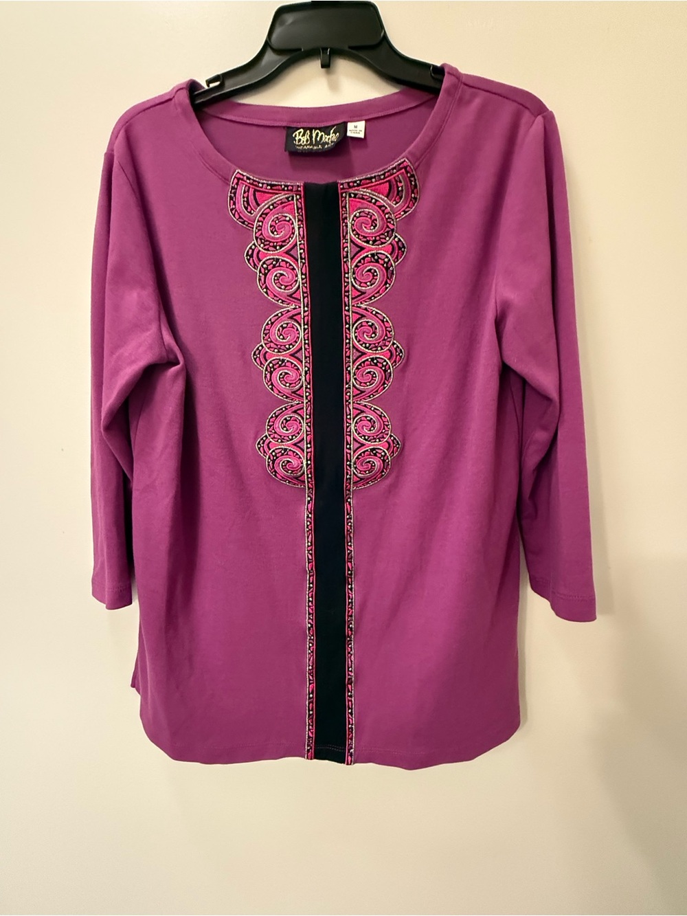 Bob Mackie Raspberry-Purple Long Sleeve Top with Embroidered Front Panel